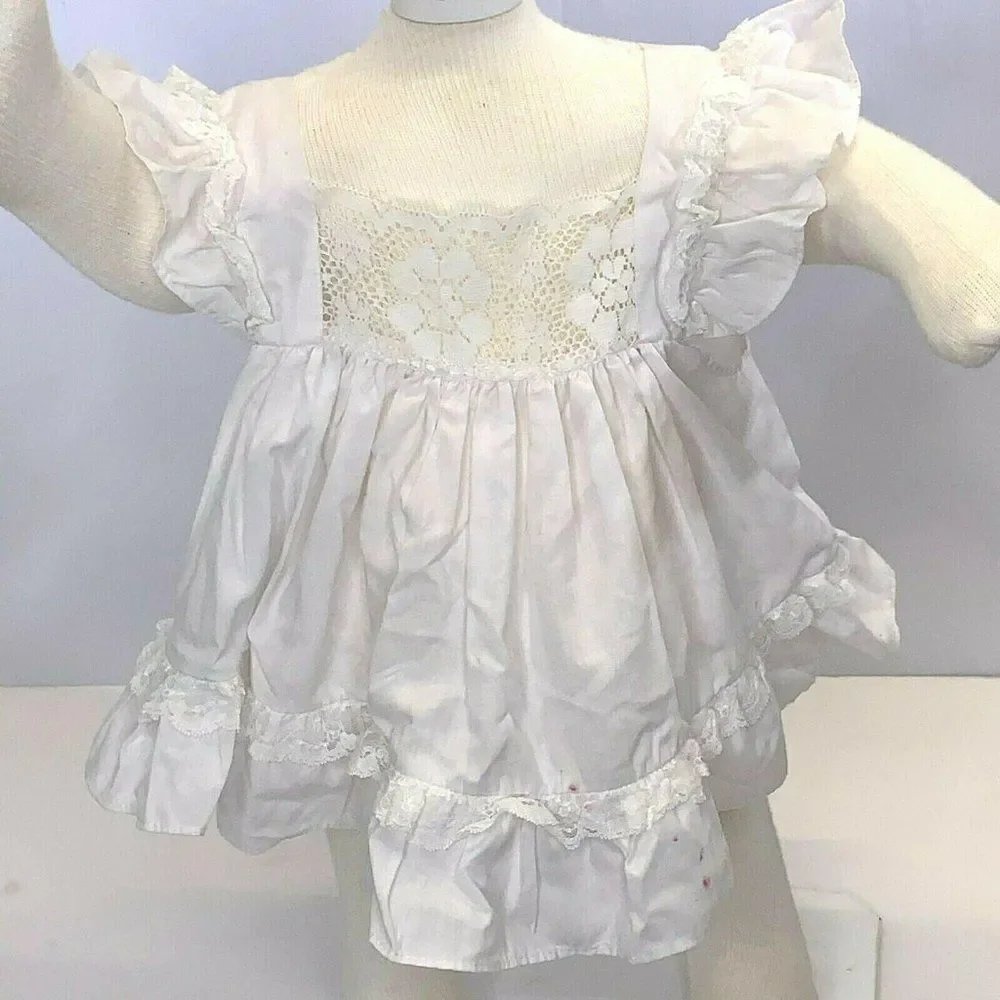 Vintage Infant Pinafore Circle Dress 12m White Floral Crochet Lace Ruffle Button